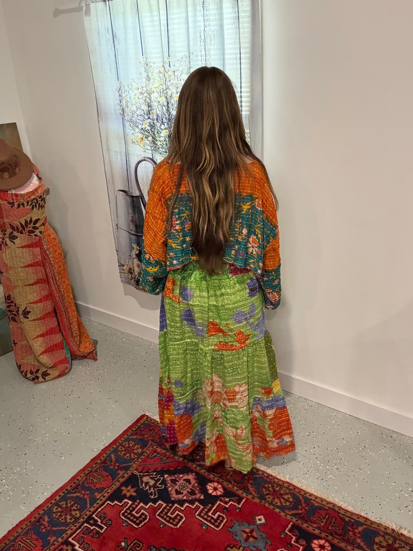 Set in Light Kantha of Crop Top with Layered Skirt - One size S to XL/2X