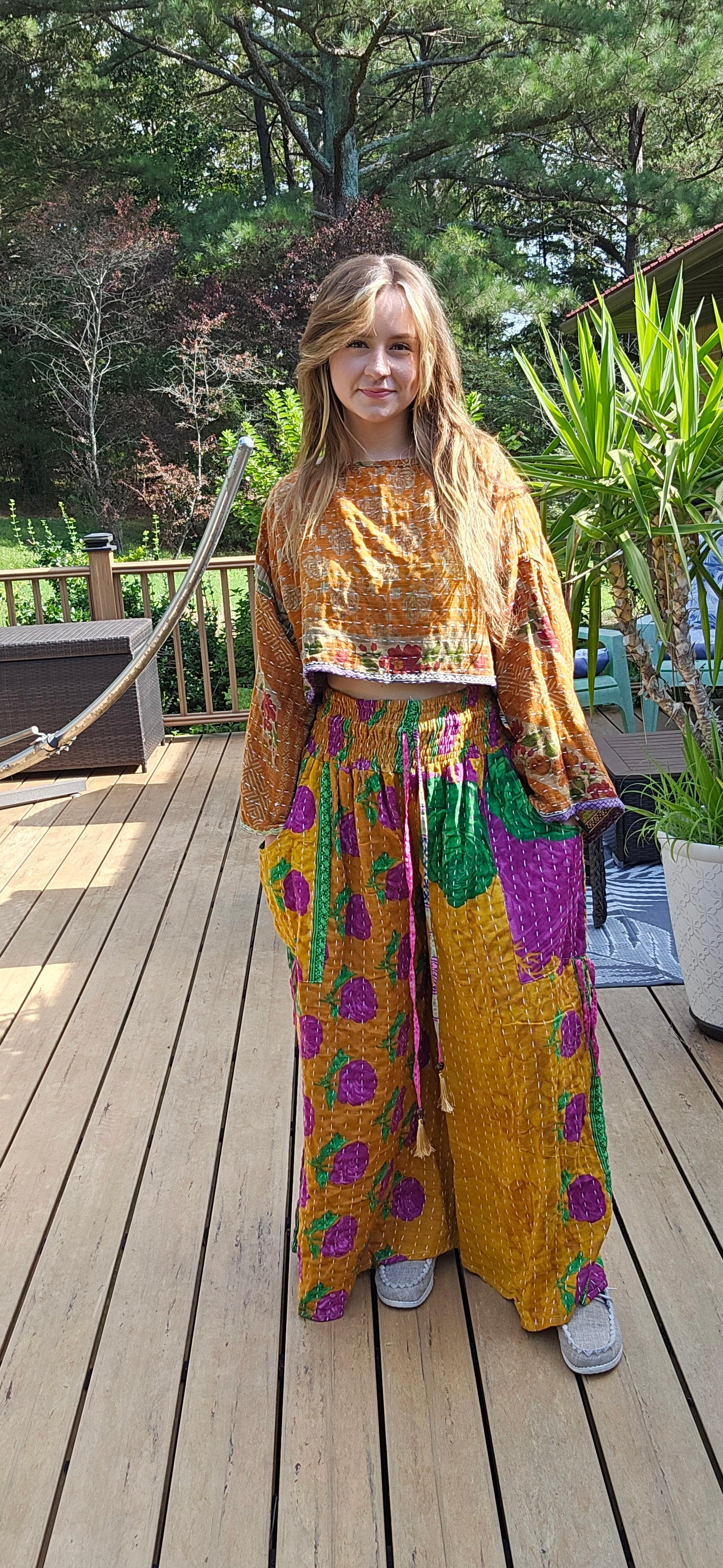"Peasant" Light Kantha Pant Set - One Size S to 2X