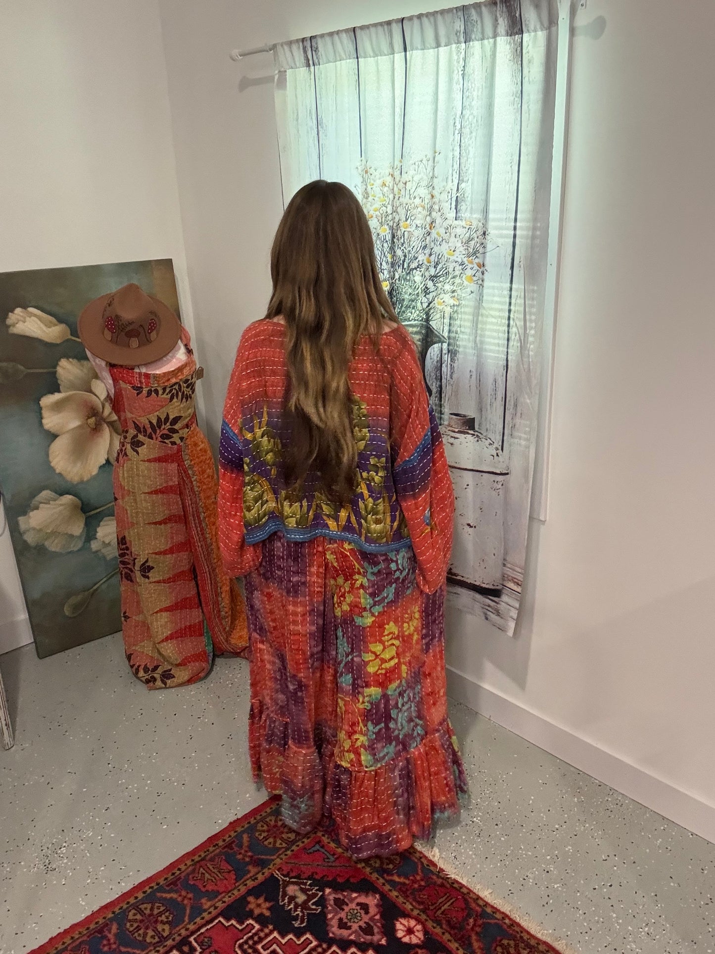 Set of Top and Ruffle pants in 2 layers kantha - One Size S to 3X