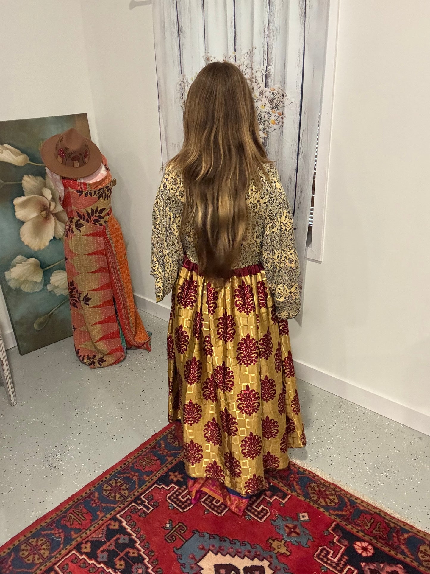 "Moon Light Bloom" Empire Waist Maxi Dress Kantha / Polysilk - One Size S to 2X