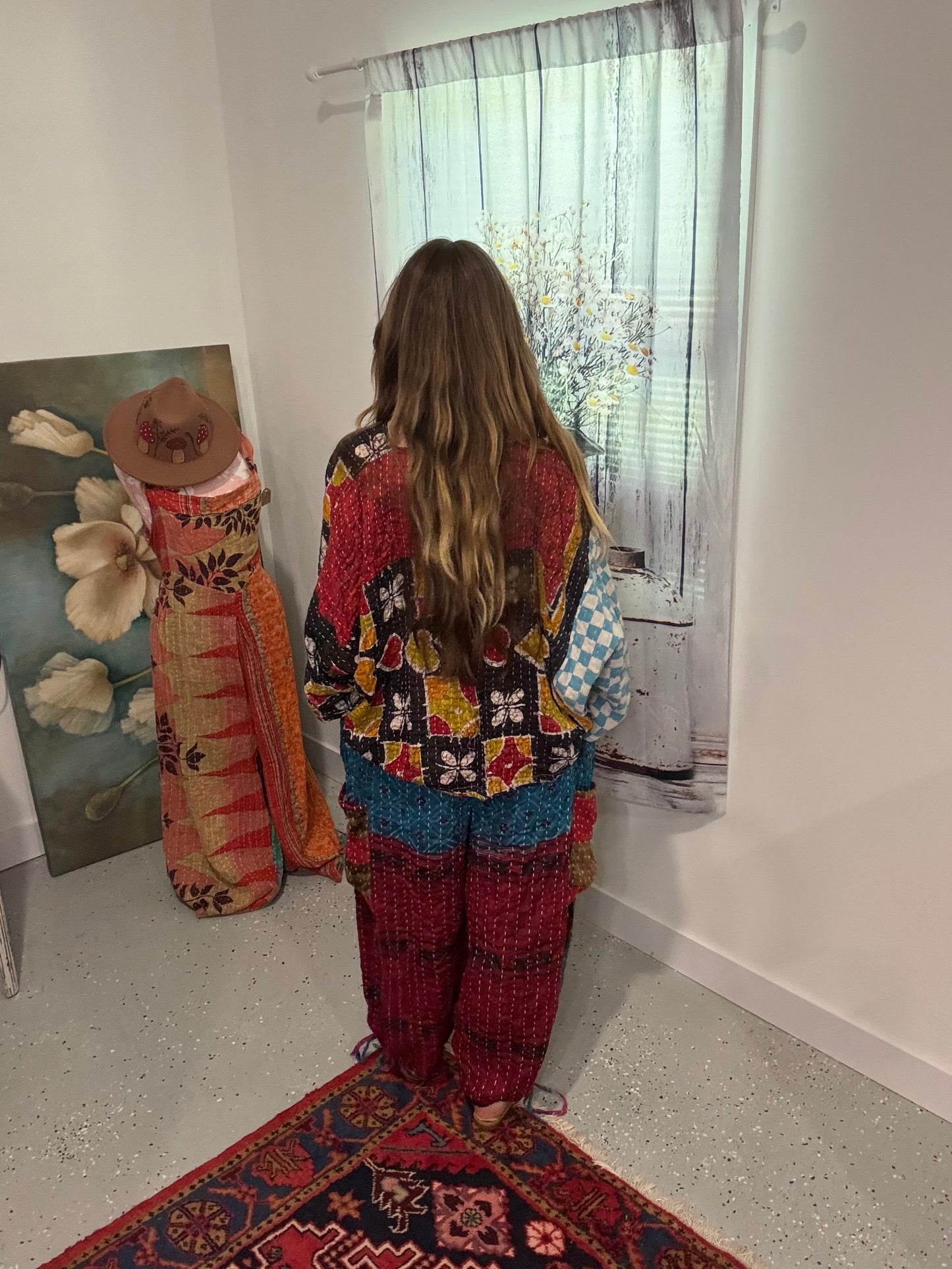 Set of Top with front cinch and convertable pants in kantha - One Size S to 3X