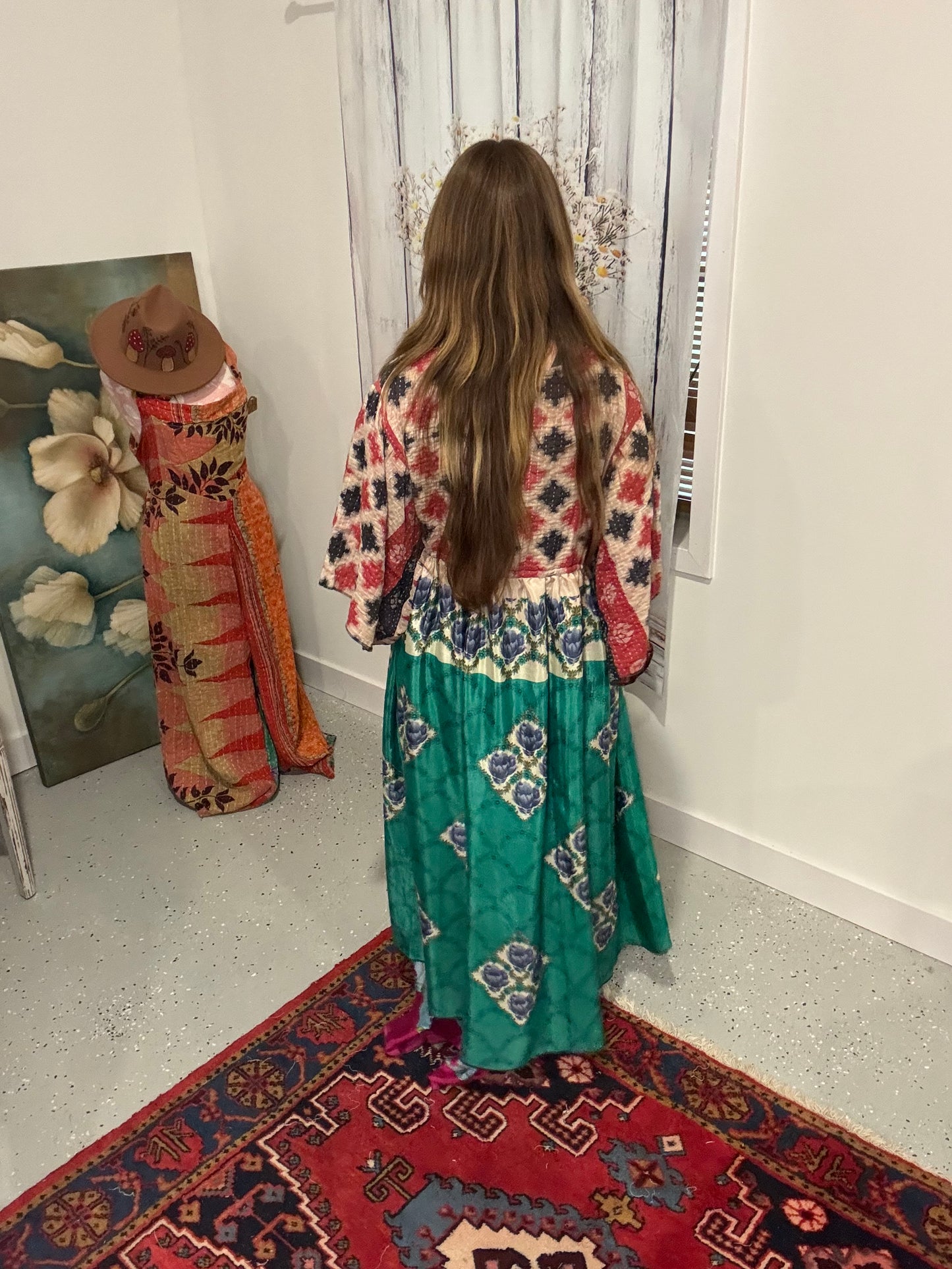 "Moon Light Bloom" Empire Waist Maxi Dress Kantha / Polysilk - One Size S to 2X