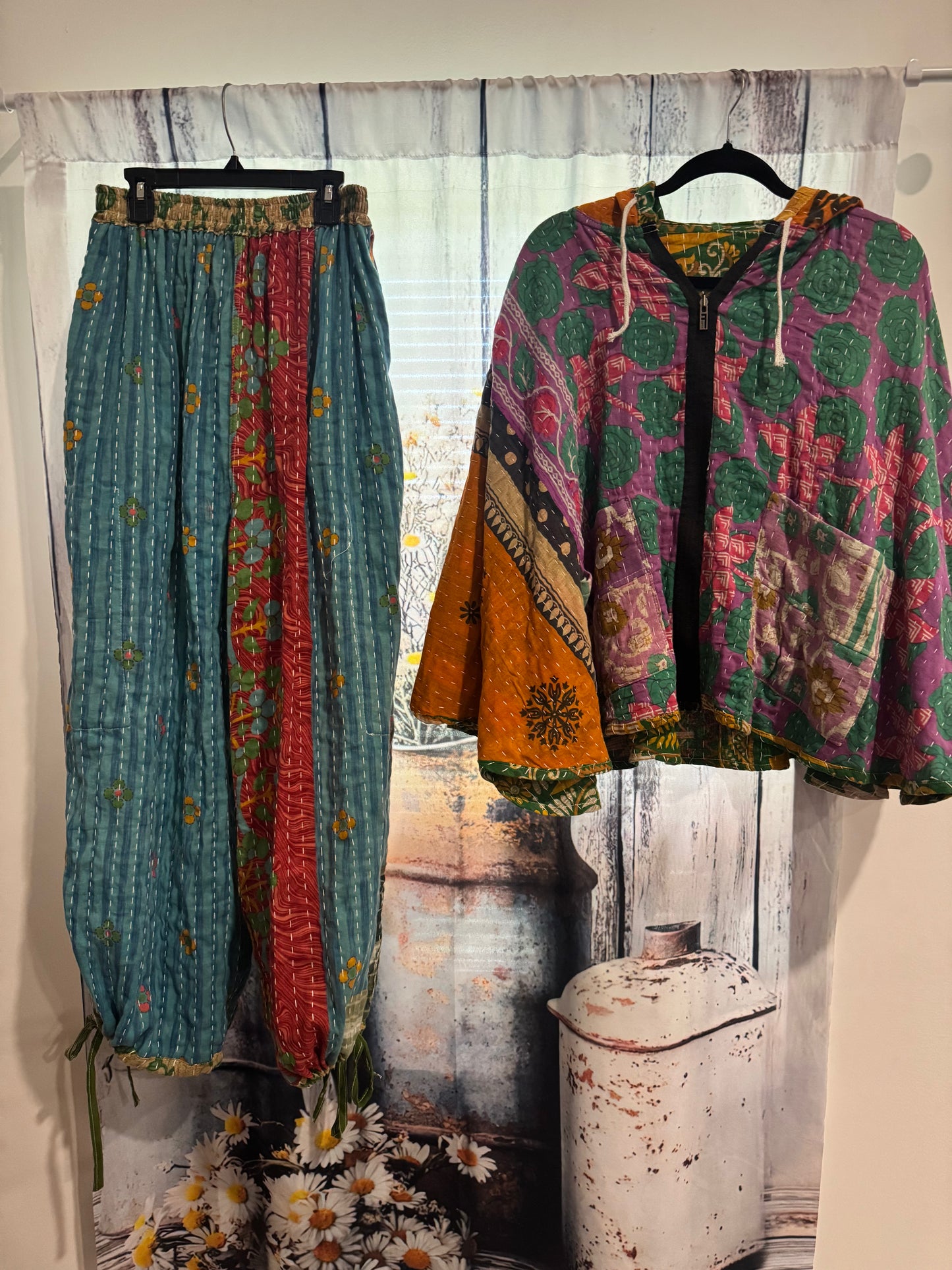 Set of Convertable Pants and Poncho in kantha - One size S to 3X