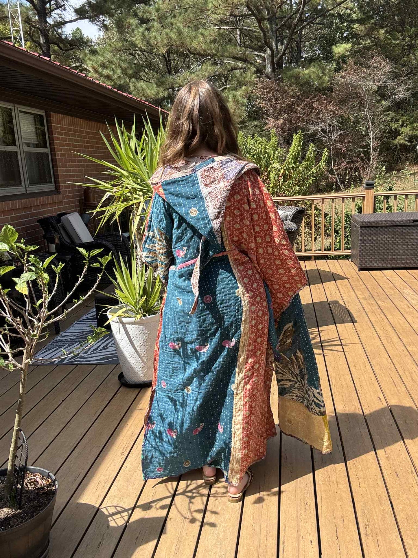 Whimsical Fairy / Witchy Duster with Elongated Hoodie in Light Kantha - One Size S to 2X /3X