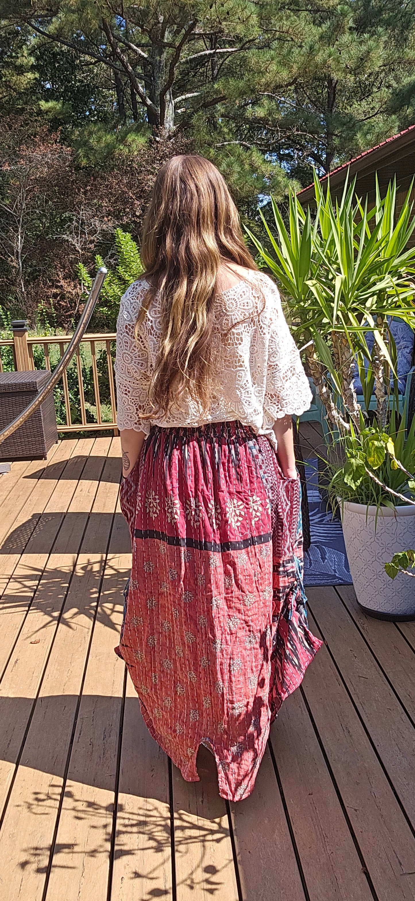 "Peasant" Light Kantha Maxi Skirt - One Size S to 2X/3X