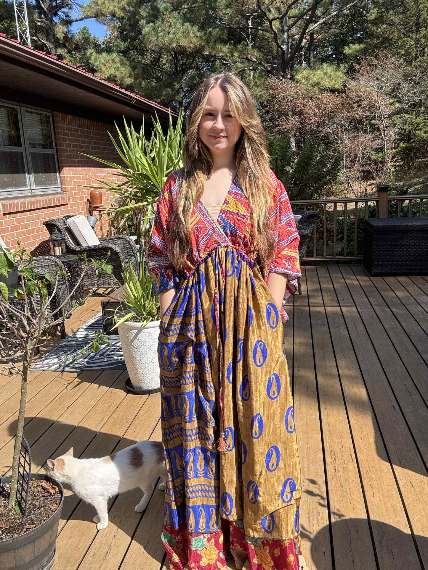 "Moon Light Bloom" Empire Waist Maxi Dress Kantha / Polysilk - One Size S to 2X