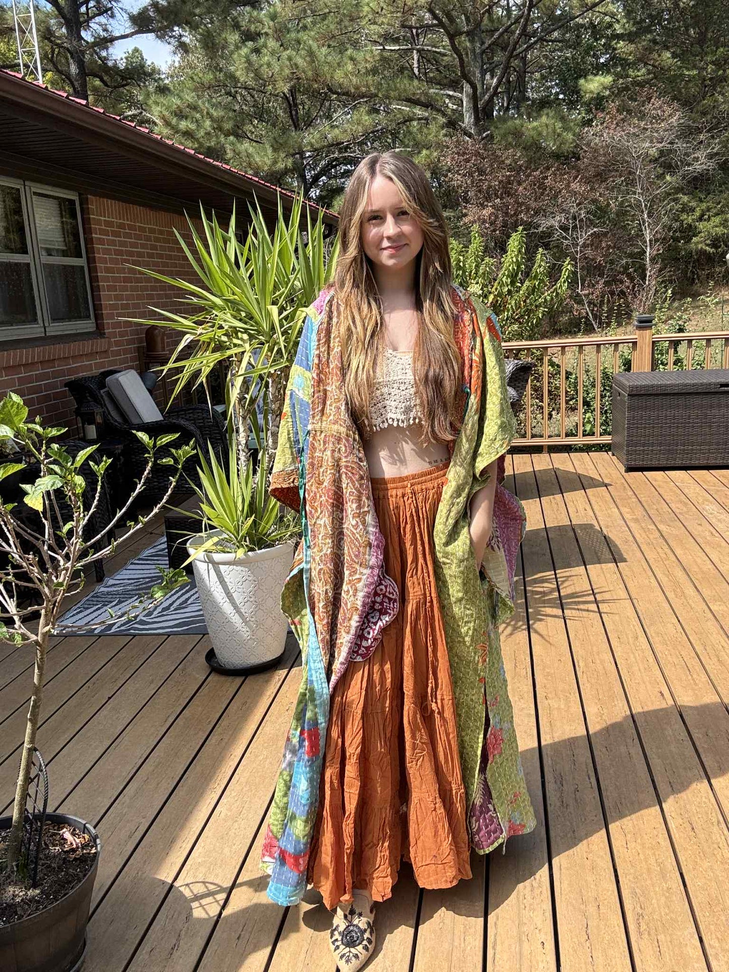 Whimsical Fairy / Witchy Duster with Elongated Hoodie in Light Kantha - One Size S to 2X /3X