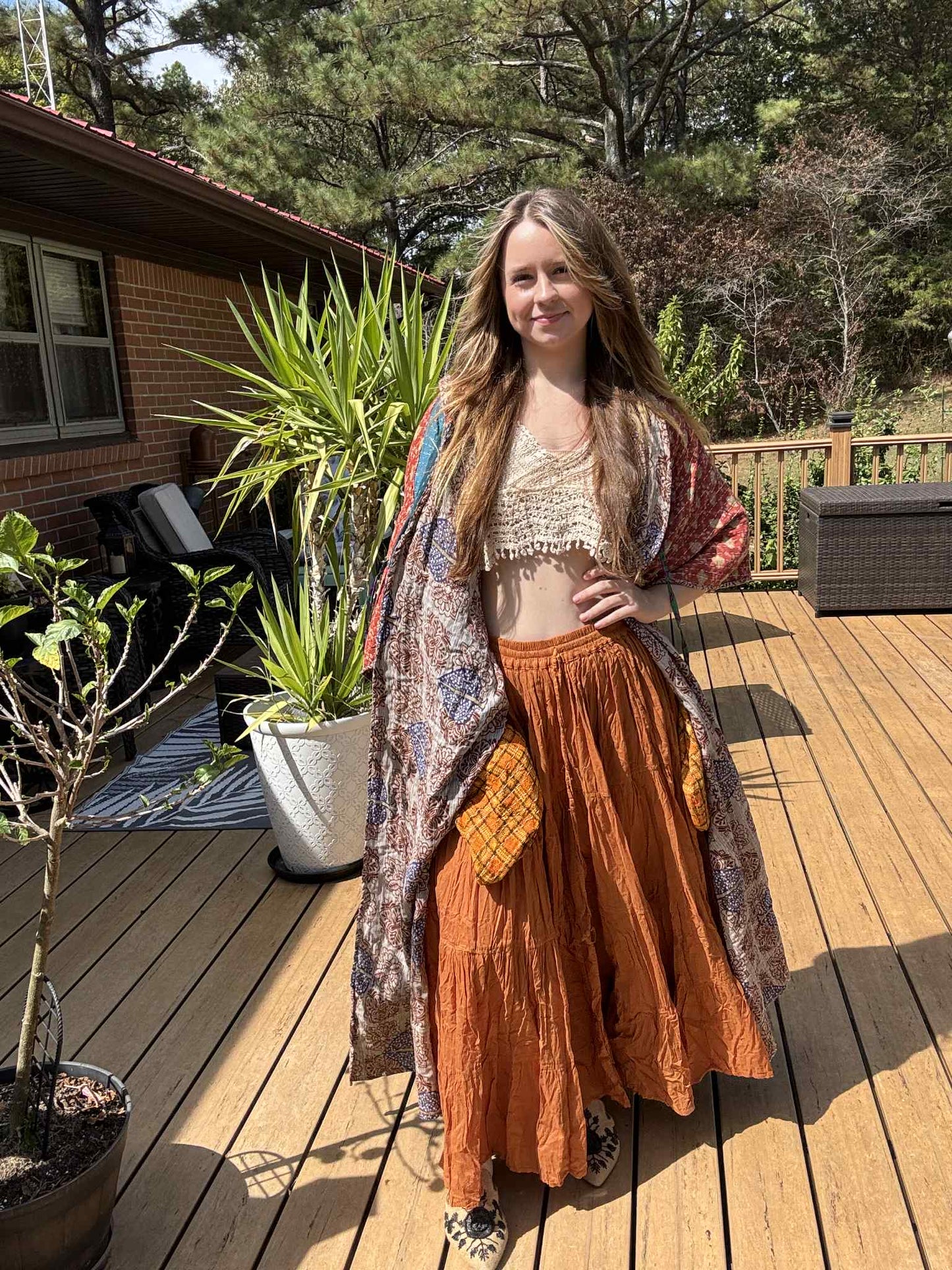 Whimsical Fairy / Witchy Duster with Elongated Hoodie in Light Kantha - One Size S to 2X /3X