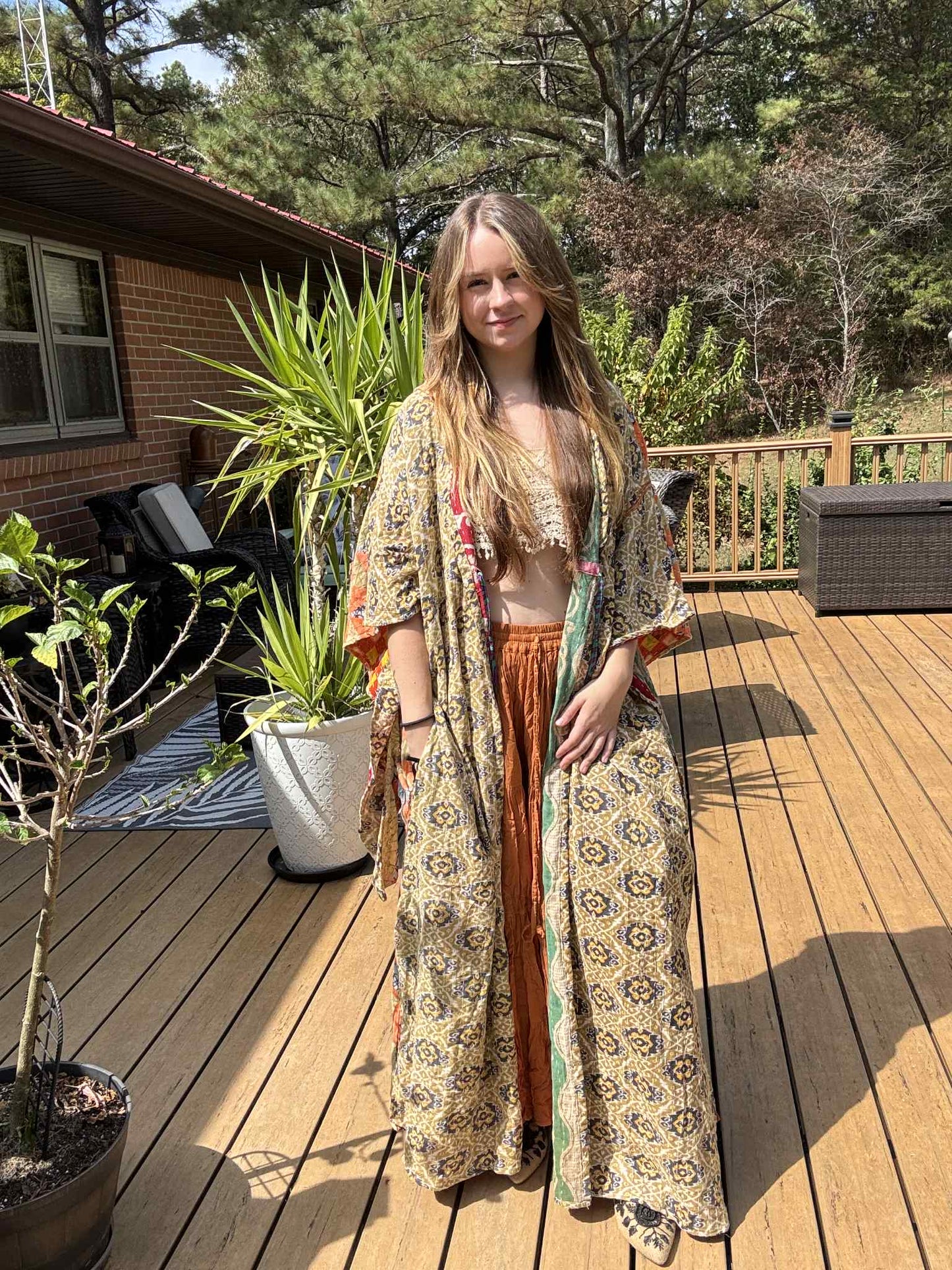Whimsical Fairy / Witchy Duster with Elongated Hoodie in Light Kantha - One Size S to 2X /3X
