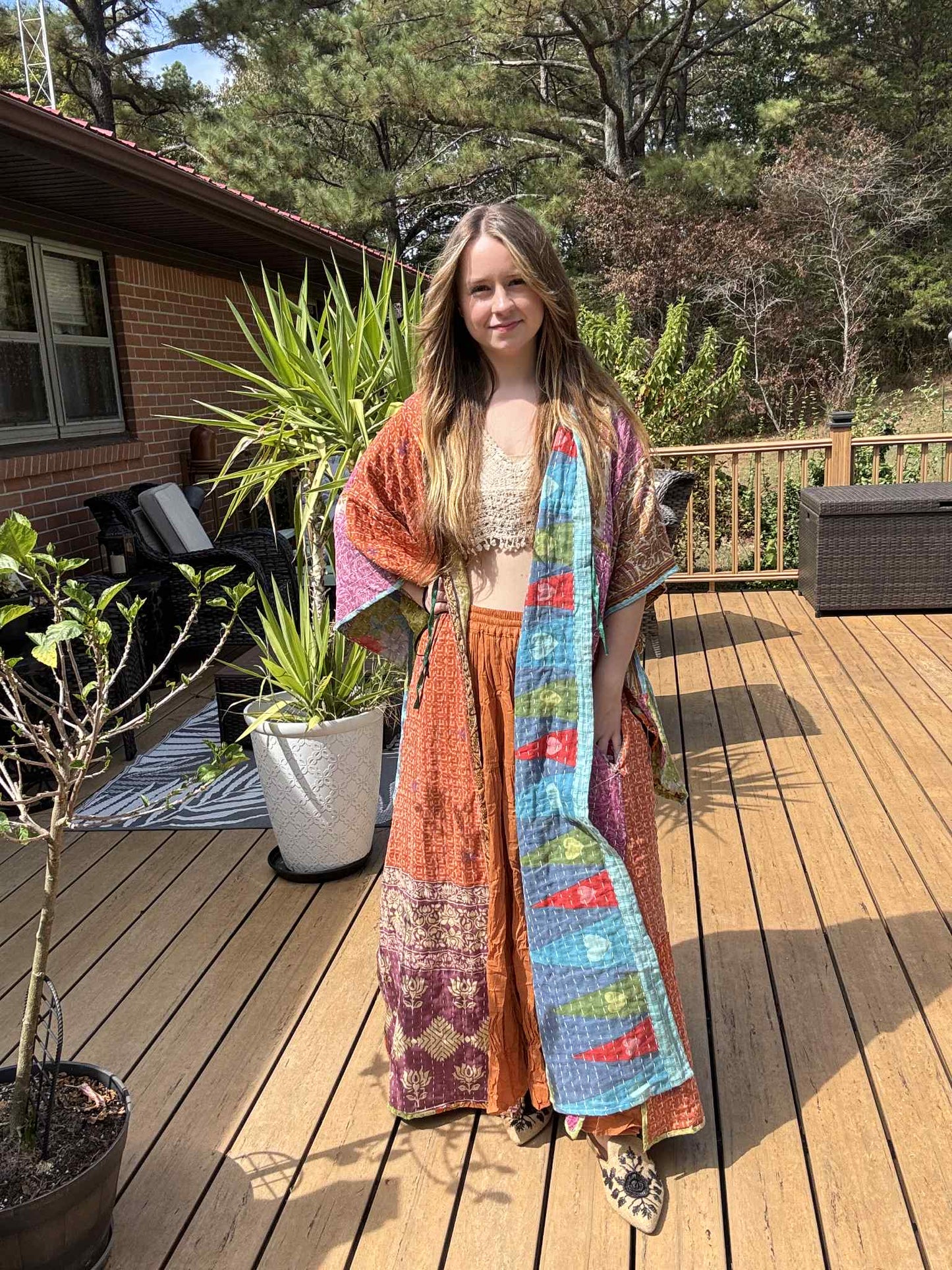 Whimsical Fairy / Witchy Duster with Elongated Hoodie in Light Kantha - One Size S to 2X /3X