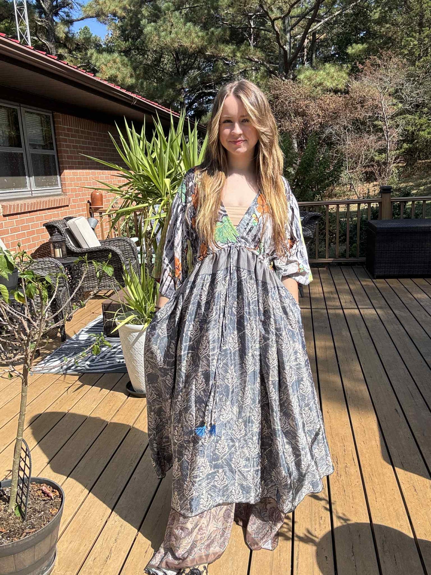 "Moon Light Bloom" Empire Waist Maxi Dress Kantha / Polysilk - One Size S to 2X