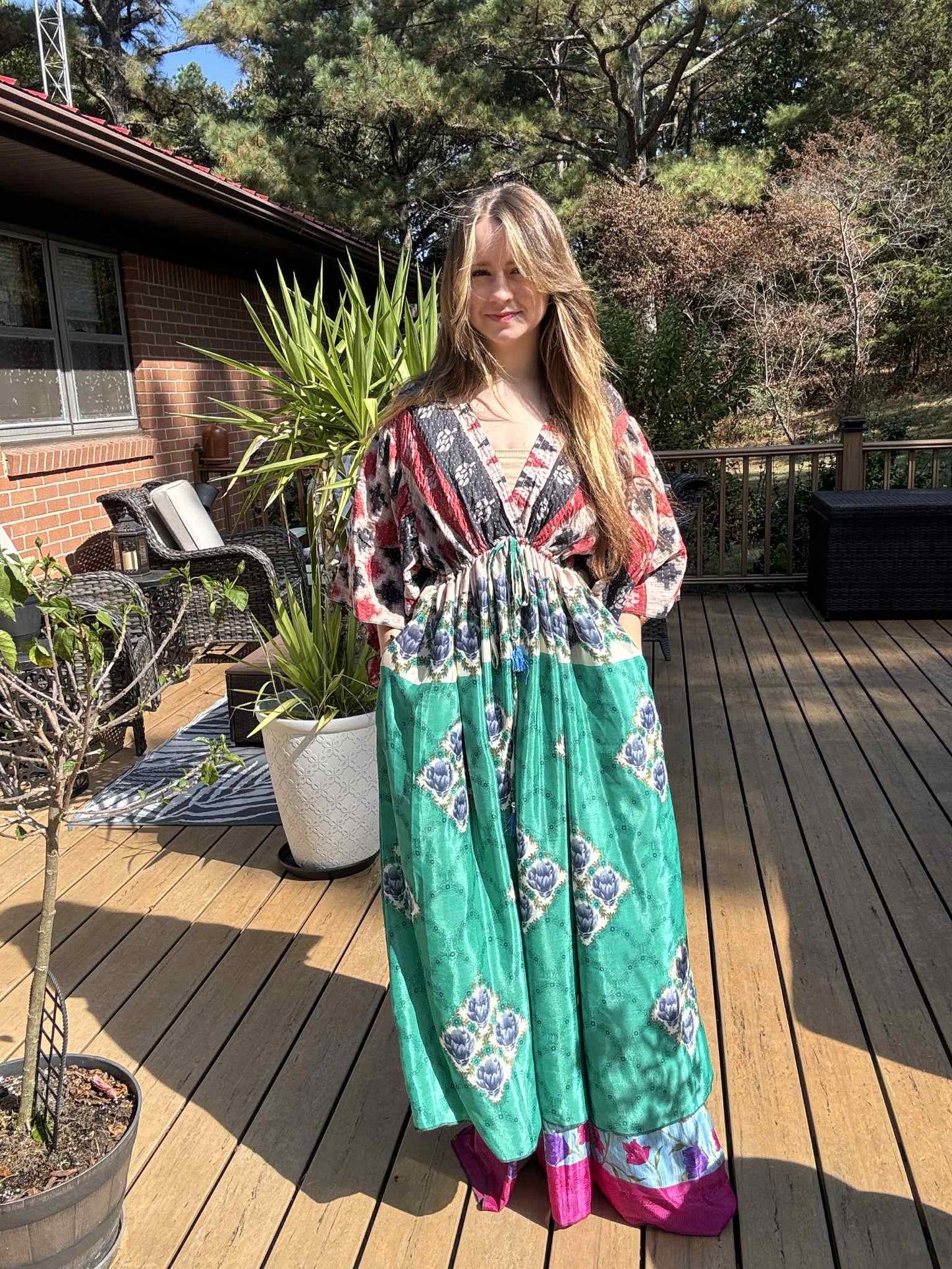 "Moon Light Bloom" Empire Waist Maxi Dress Kantha / Polysilk - One Size S to 2X