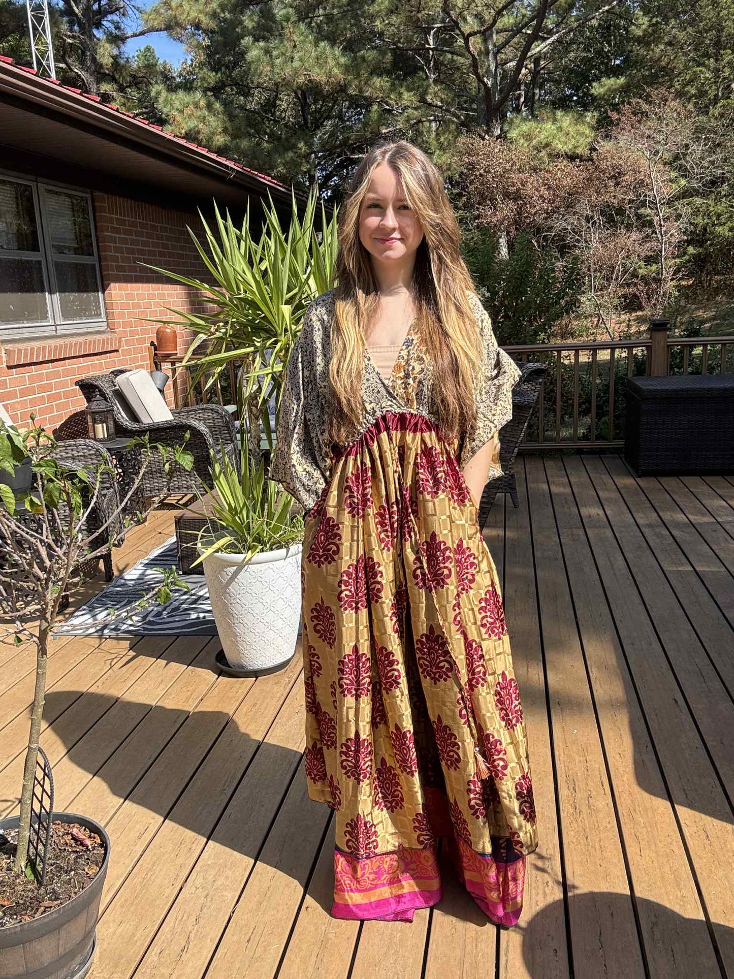 "Moon Light Bloom" Empire Waist Maxi Dress Kantha / Polysilk - One Size S to 2X