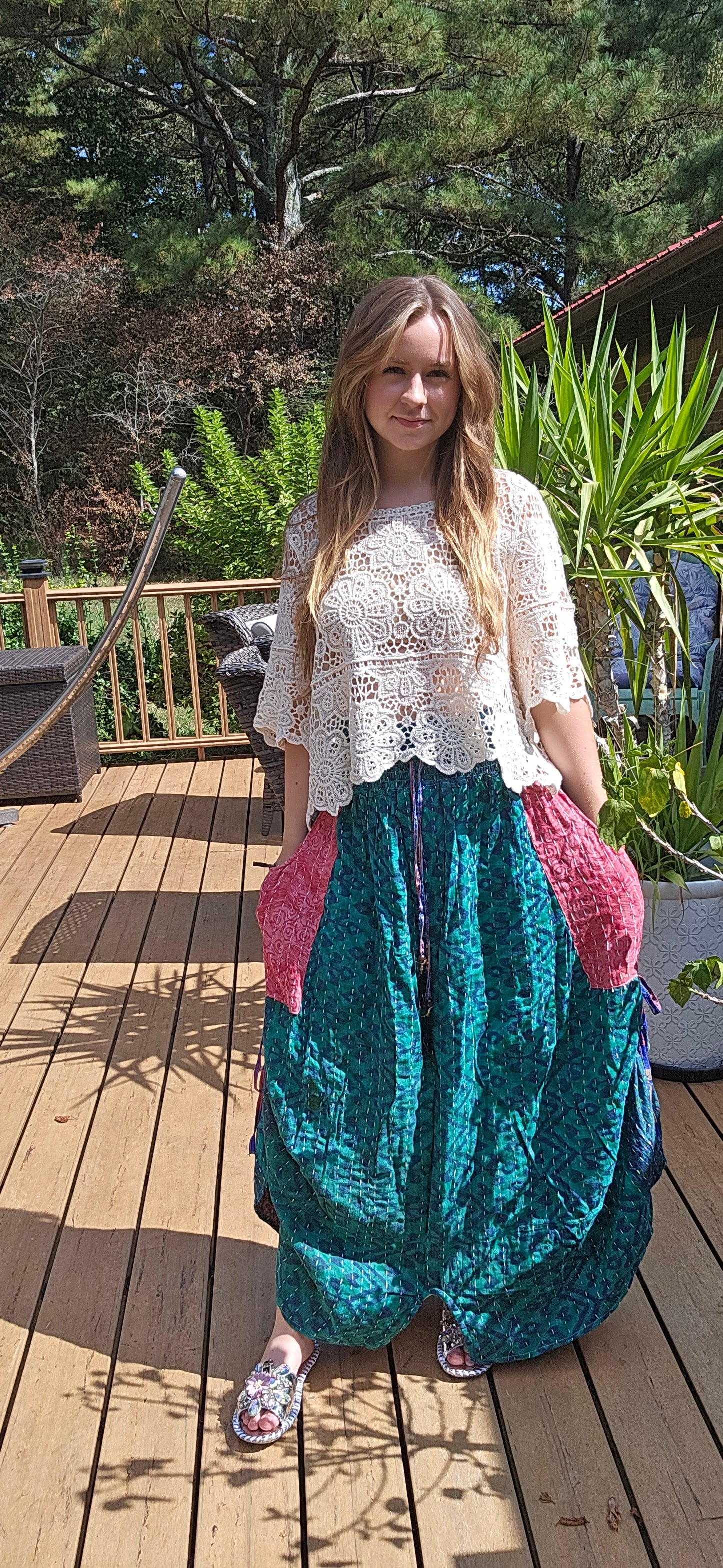 "Peasant" Light Kantha Maxi Skirt - One Size S to 2X/3X