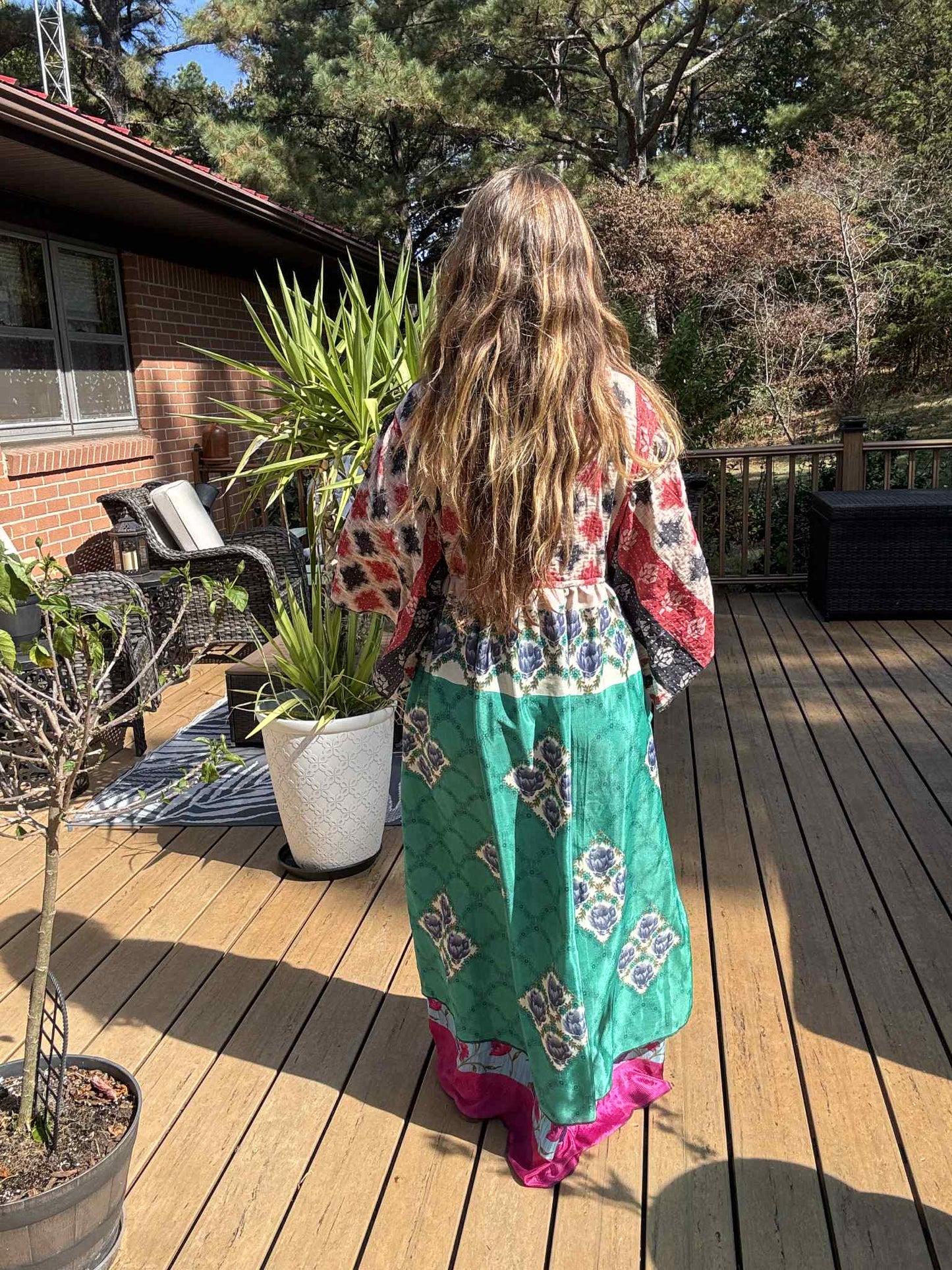 "Moon Light Bloom" Empire Waist Maxi Dress Kantha / Polysilk - One Size S to 2X