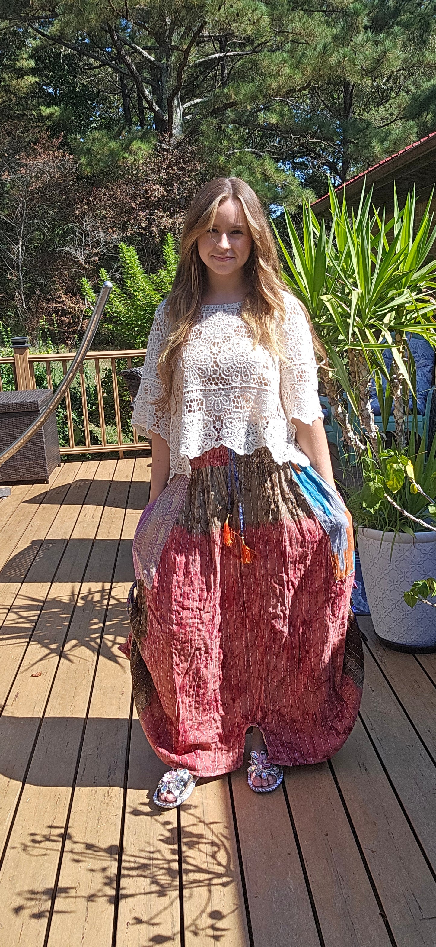 "Peasant" Light Kantha Maxi Skirt - One Size S to 2X/3X