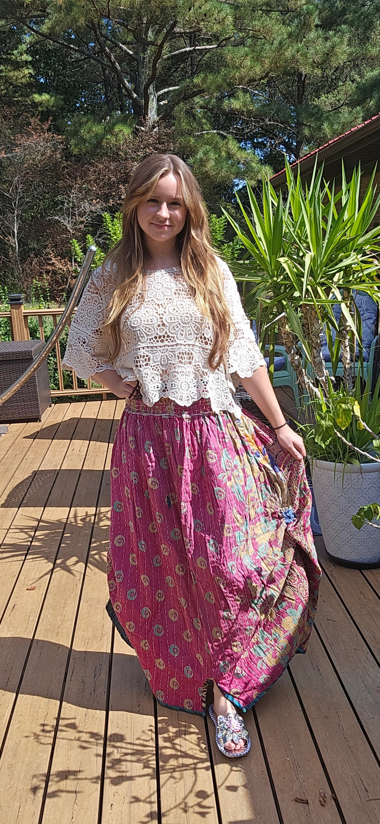 "Peasant" Light Kantha Maxi Skirt - One Size S to 2X/3X