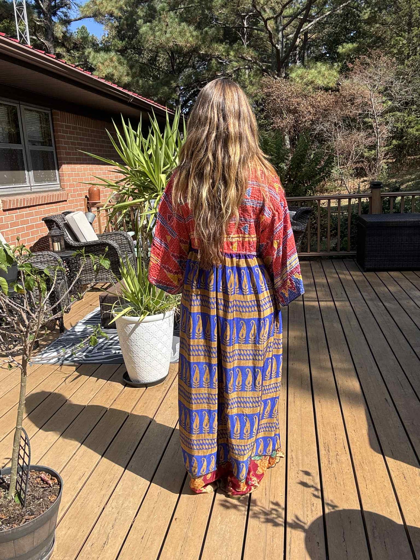 "Moon Light Bloom" Empire Waist Maxi Dress Kantha / Polysilk - One Size S to 2X