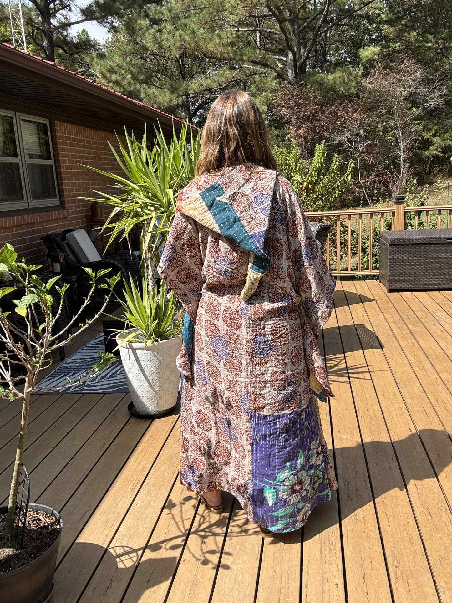 Whimsical Fairy / Witchy Duster with Elongated Hoodie in Light Kantha - One Size S to 2X /3X