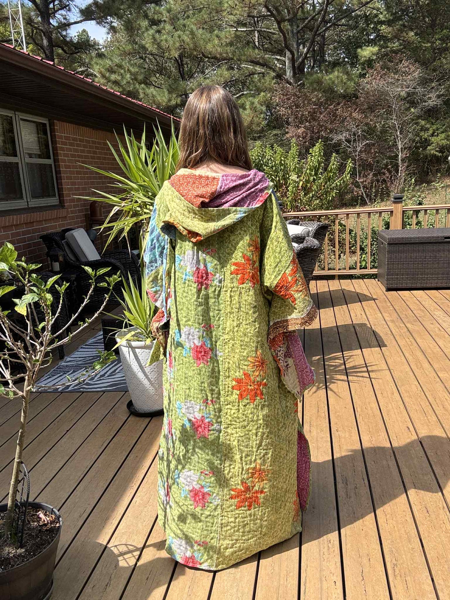 Whimsical Fairy / Witchy Duster with Elongated Hoodie in Light Kantha - One Size S to 2X /3X