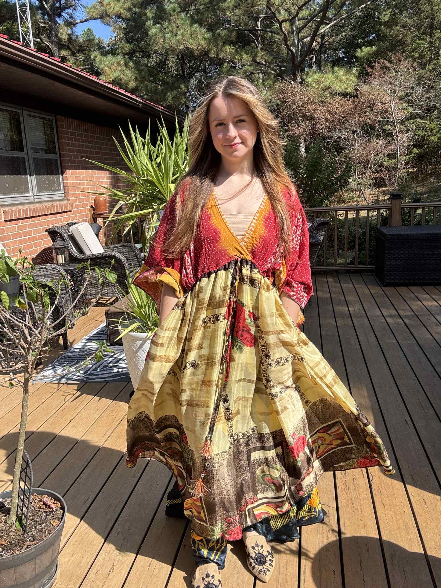 "Moon Light Bloom" Empire Waist Maxi Dress Kantha / Polysilk - One Size S to 2X