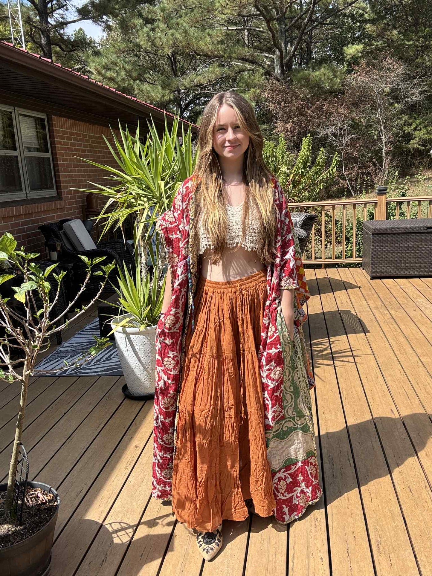 Whimsical Fairy / Witchy Duster with Elongated Hoodie in Light Kantha - One Size S to 2X /3X