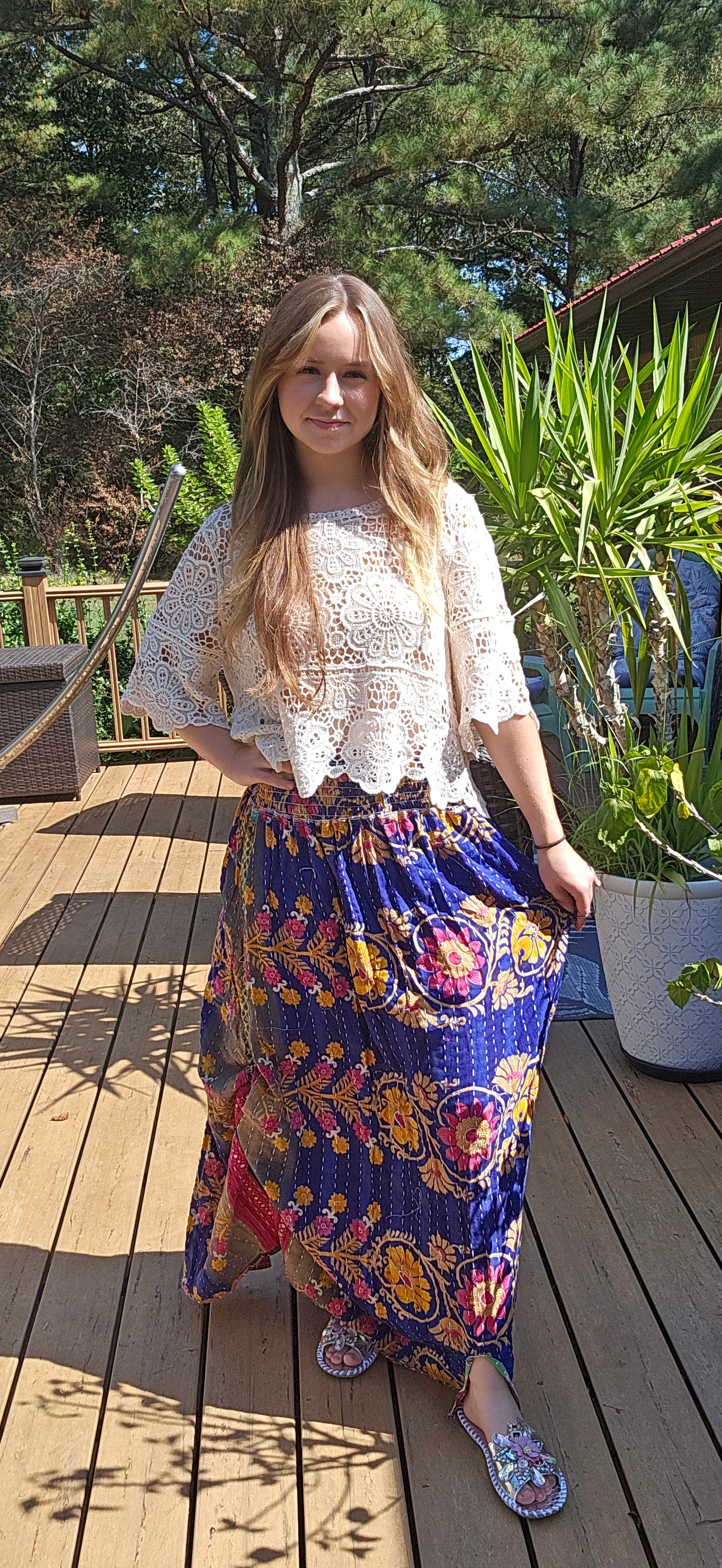 "Peasant" Light Kantha Maxi Skirt - One Size S to 2X/3X