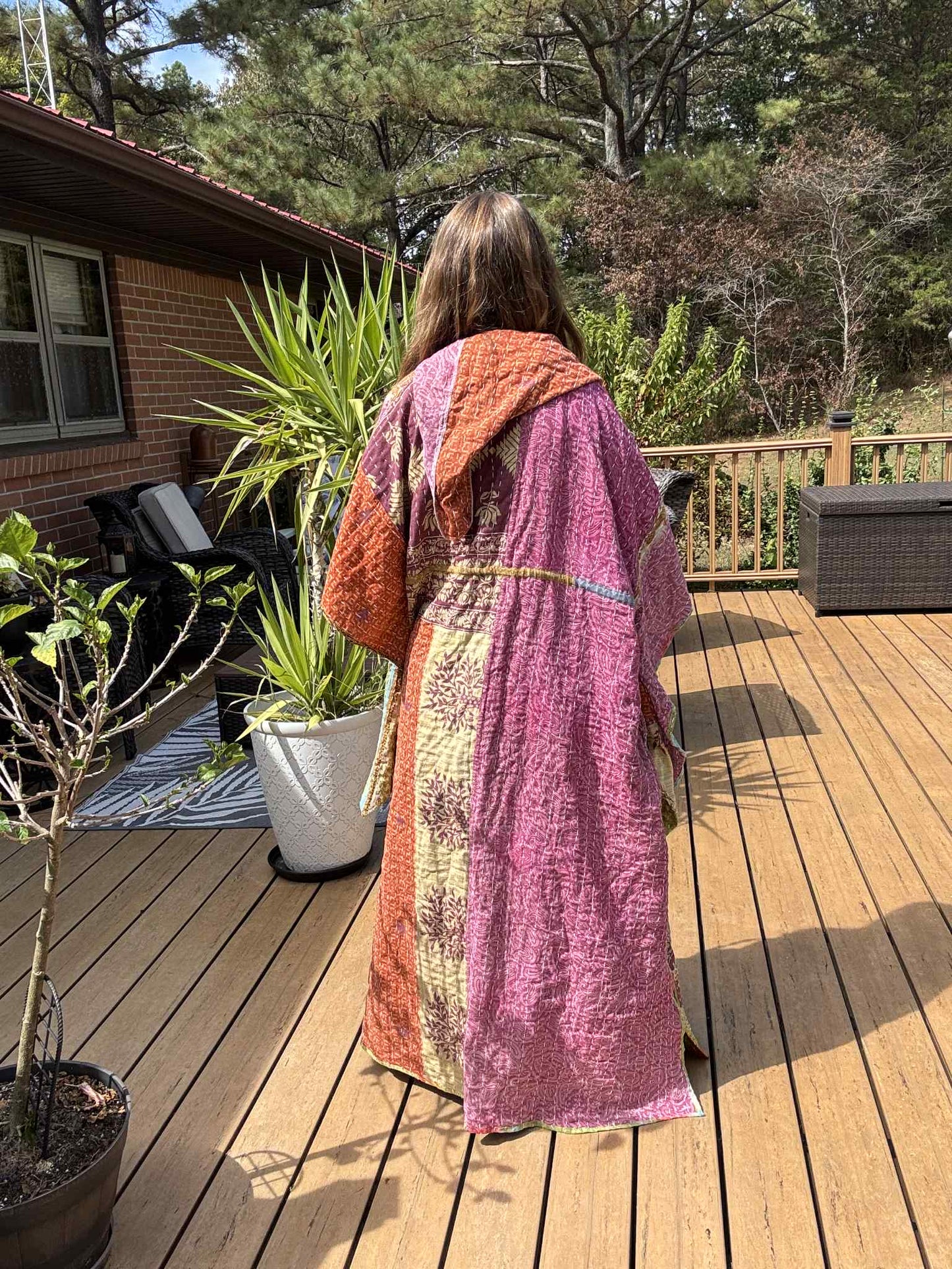 Whimsical Fairy / Witchy Duster with Elongated Hoodie in Light Kantha - One Size S to 2X /3X