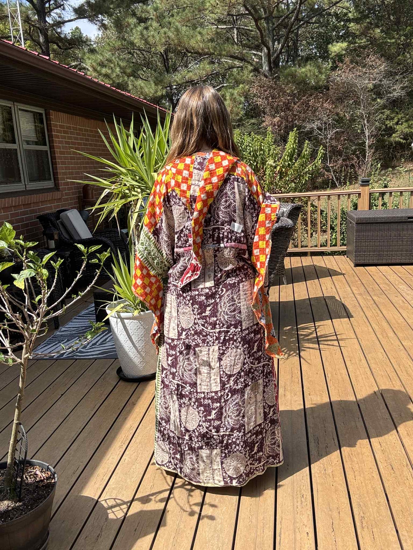 Whimsical Fairy / Witchy Duster with Elongated Hoodie in Light Kantha - One Size S to 2X /3X