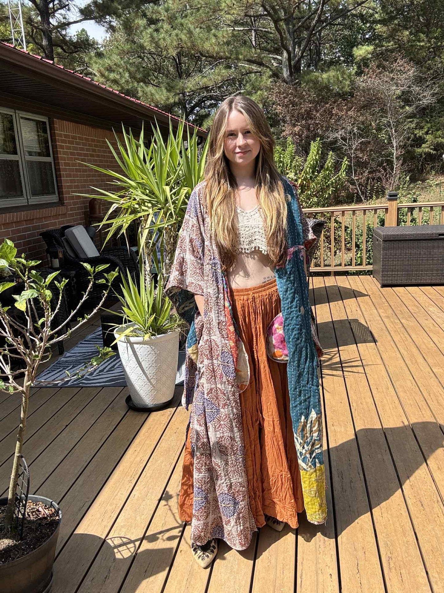 Whimsical Fairy / Witchy Duster with Elongated Hoodie in Light Kantha - One Size S to 2X /3X