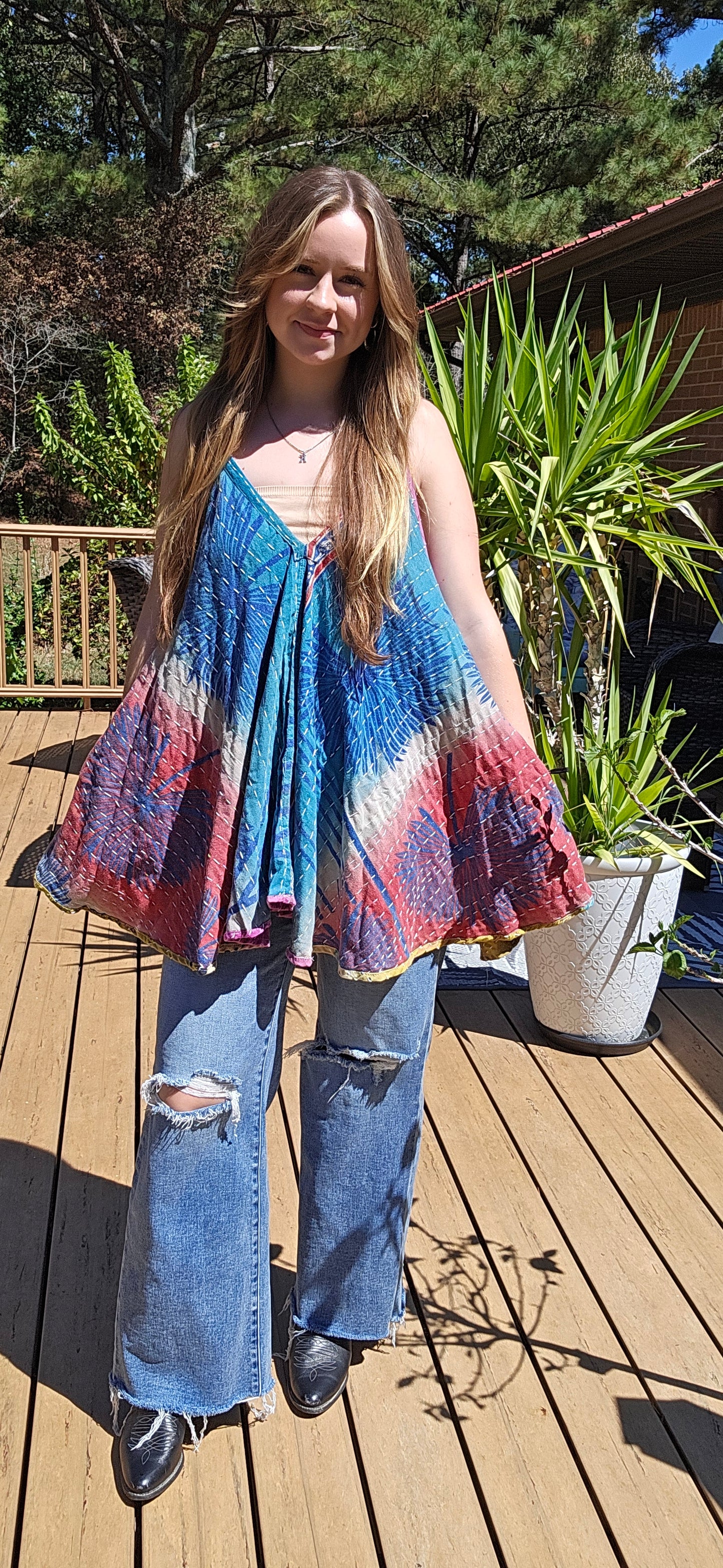 "Flying Bird" Tunic Style Top in Light Kantha , One Size S to XL maybe 2X