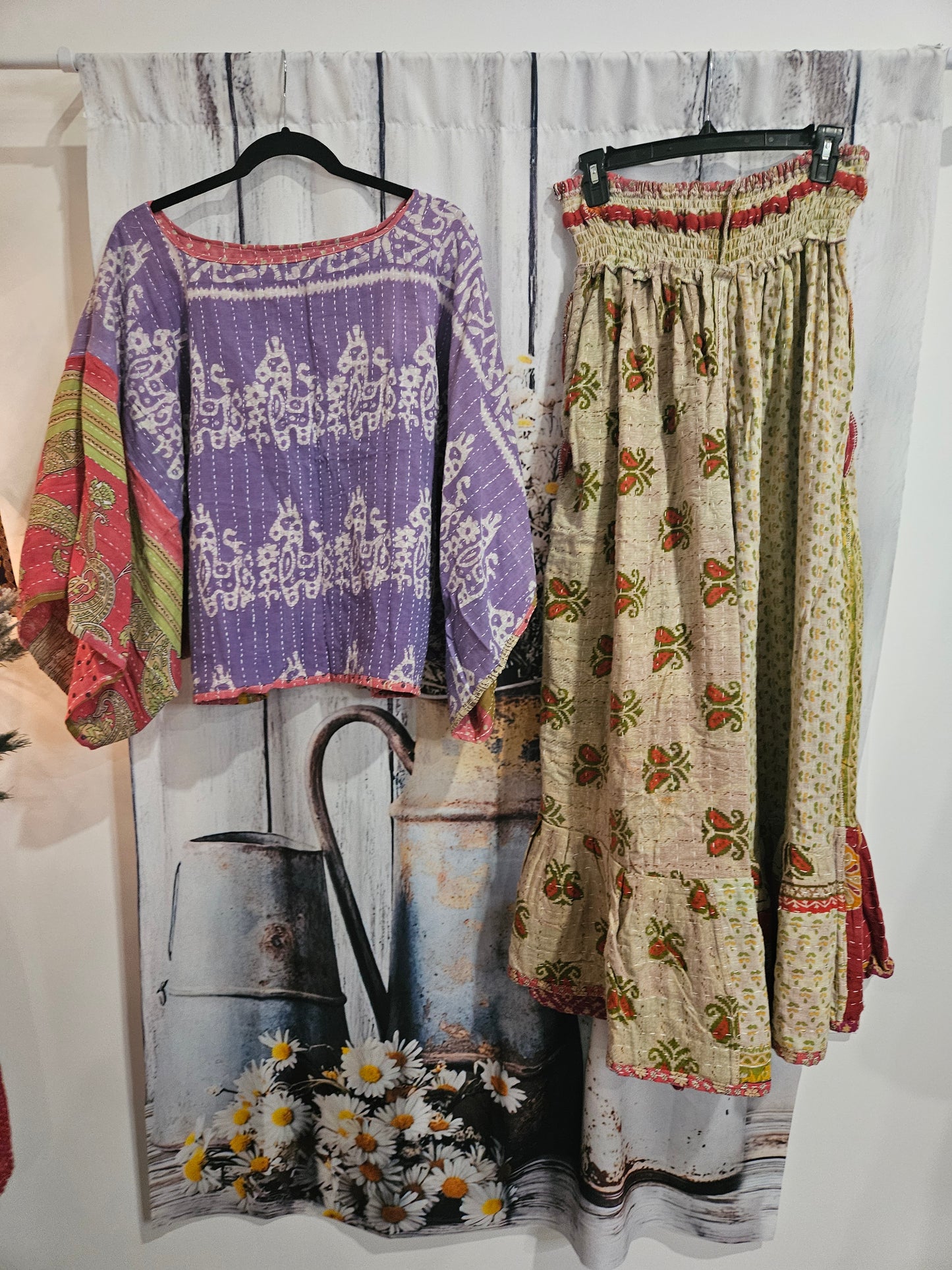 Set of Kantha Dolman Sleeves Top with Ruffle Pants - One Size S to 3X