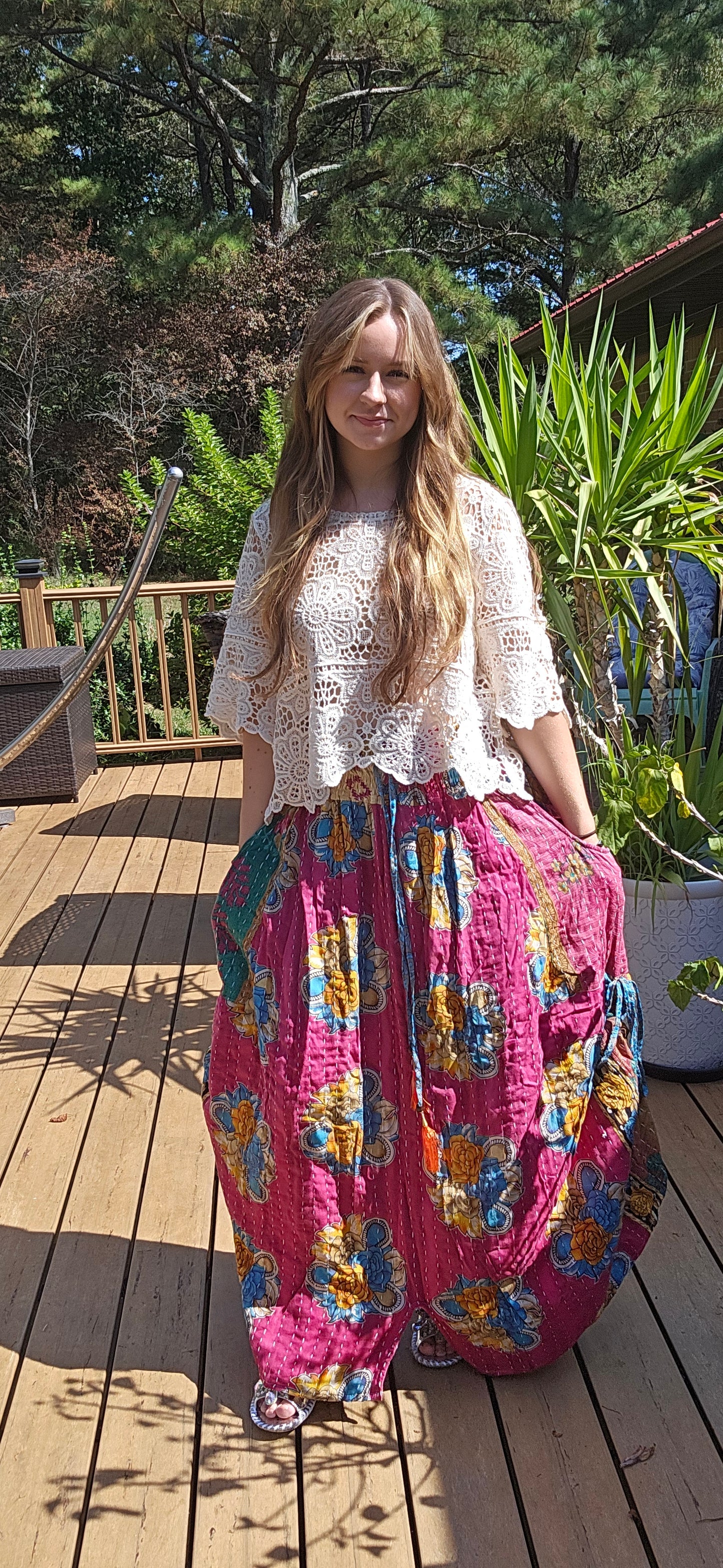 "Peasant" Light Kantha Maxi Skirt - One Size S to 2X/3X