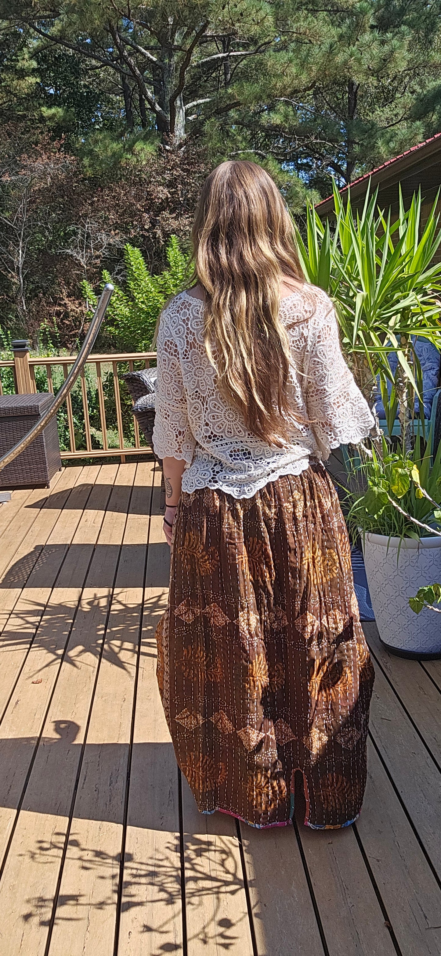 "Peasant" Light Kantha Maxi Skirt - One Size S to 2X/3X