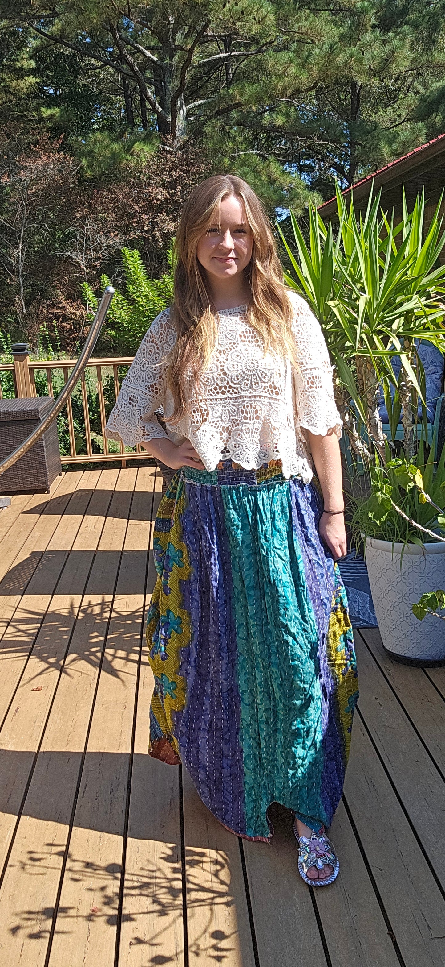 "Peasant" Light Kantha Maxi Skirt - One Size S to 2X/3X