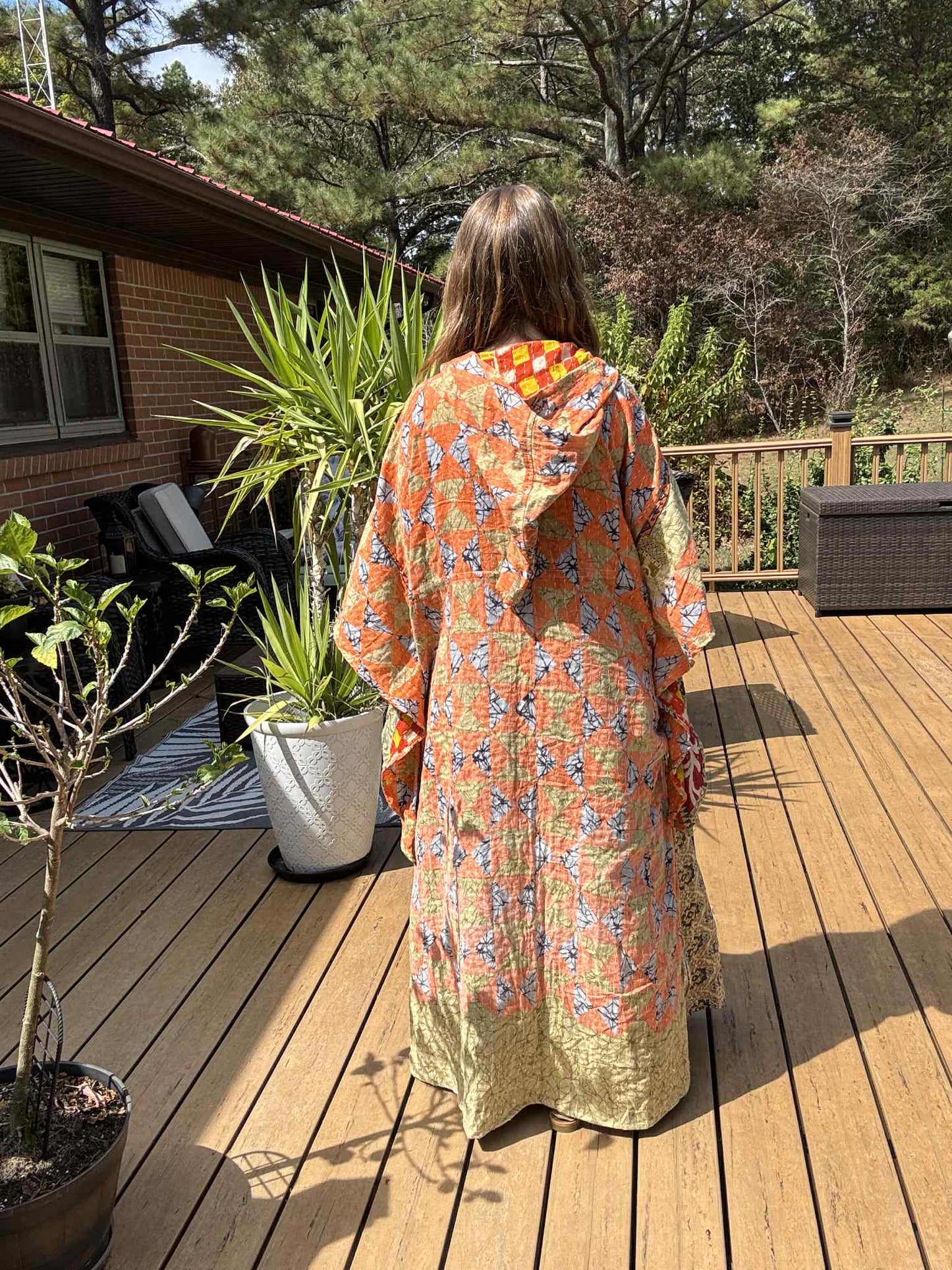 Whimsical Fairy / Witchy Duster with Elongated Hoodie in Light Kantha - One Size S to 2X /3X