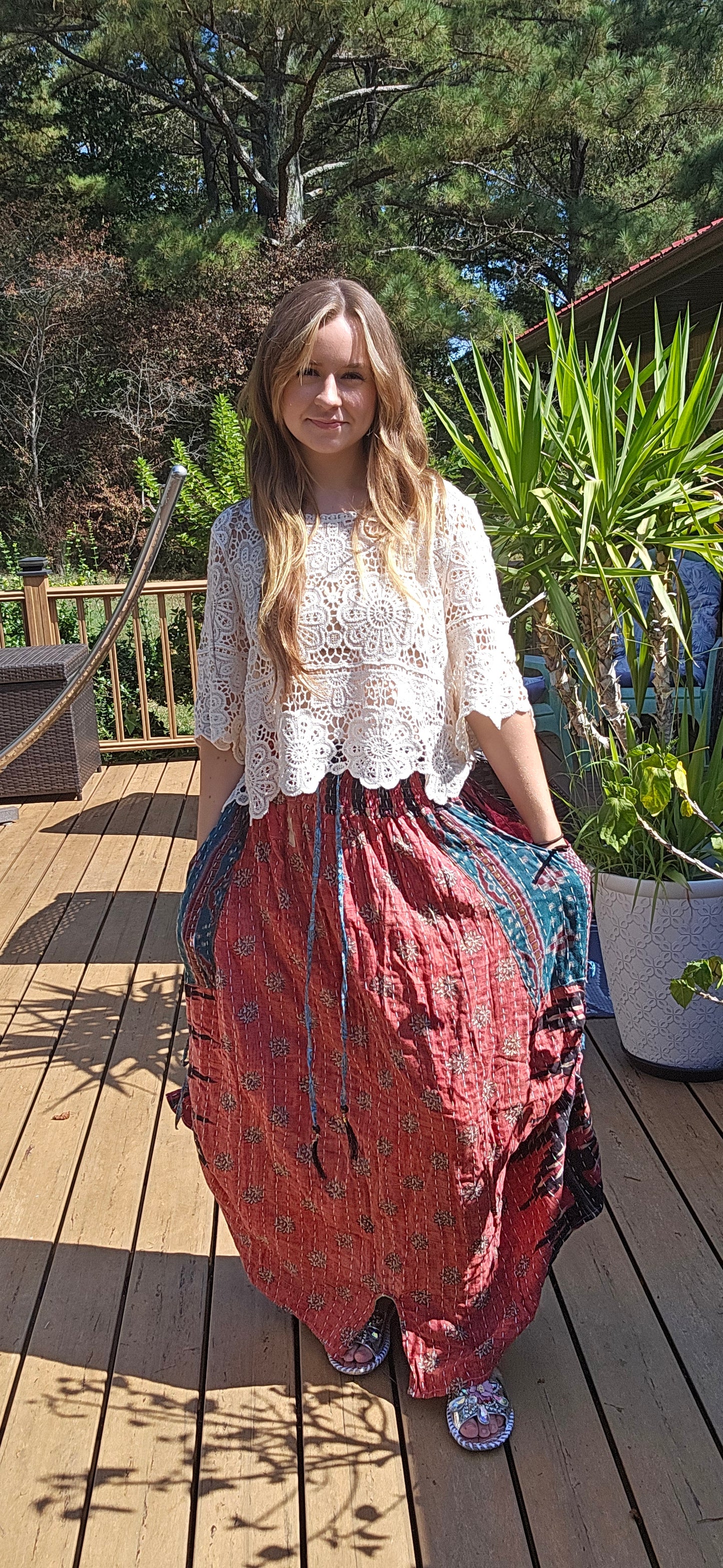 "Peasant" Light Kantha Maxi Skirt - One Size S to 2X/3X