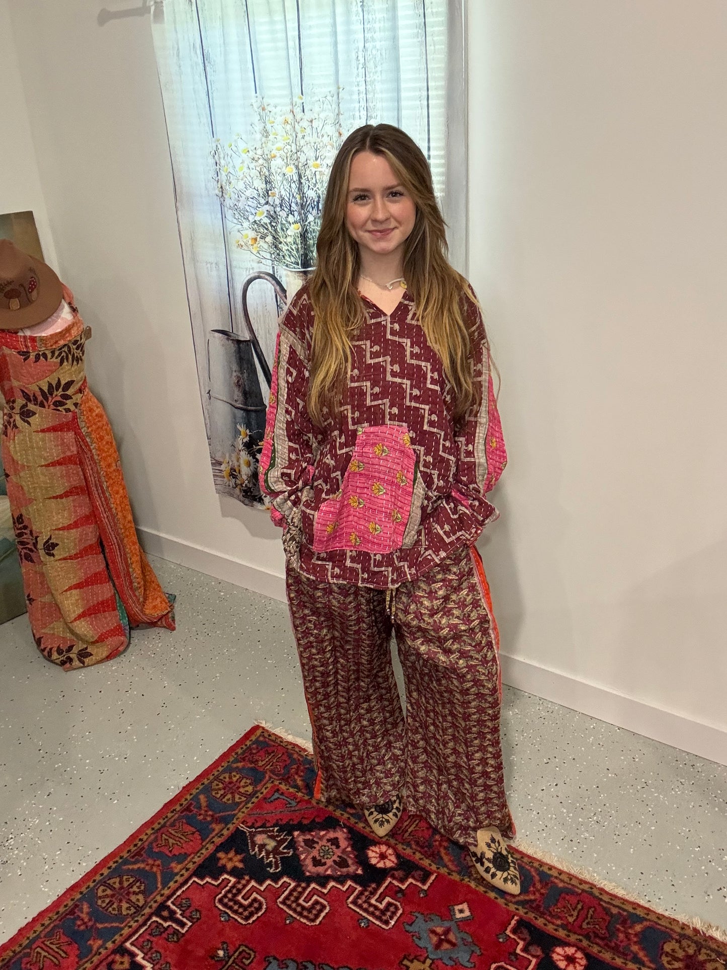 Set of Hoodie with palazzo pants in kantha - One size S to 2X