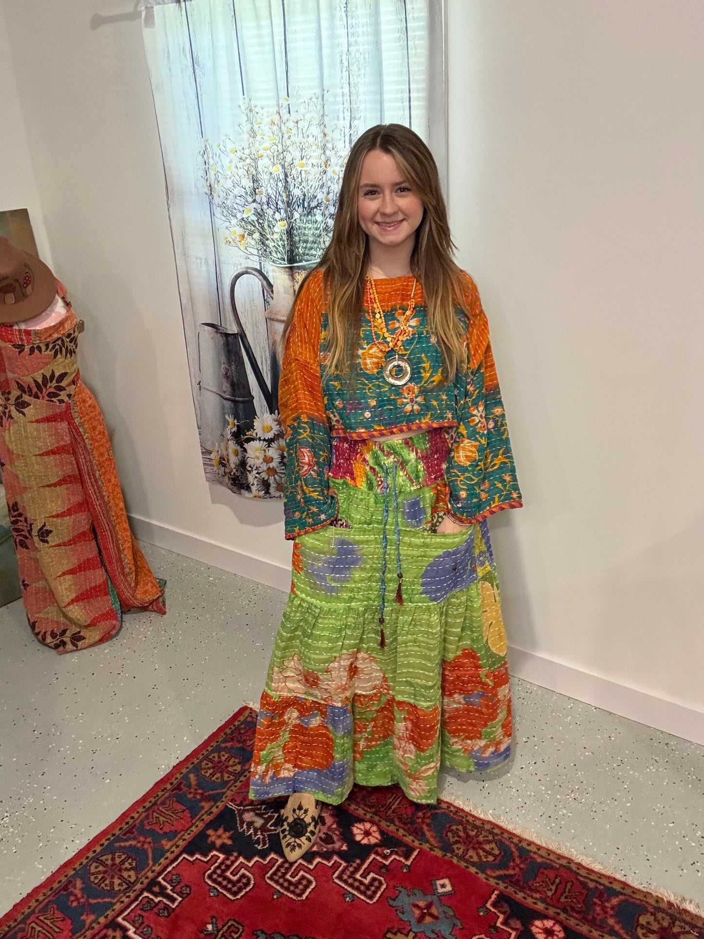 Set in Light Kantha of Crop Top with Layered Skirt   - One size S to XL/2X