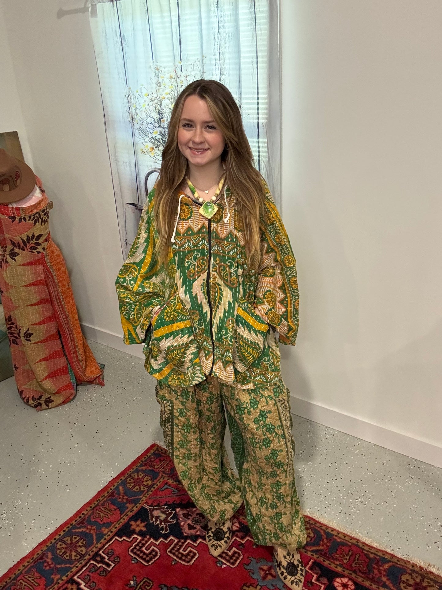 Set of Convertable Pants and Poncho in kantha - One size S to 3X