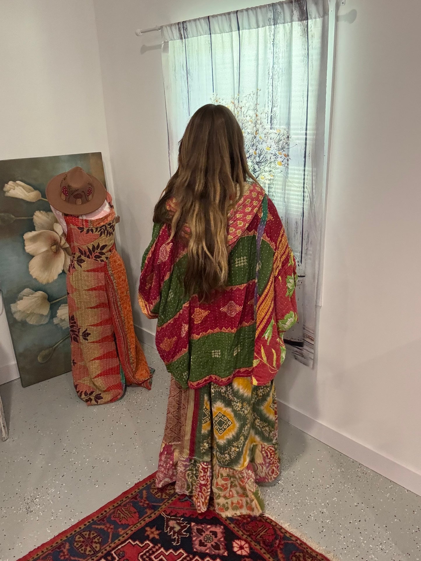 Set of reversable poncho and ruffle palazzo pants in 3 layers kantha - One size S to 3X