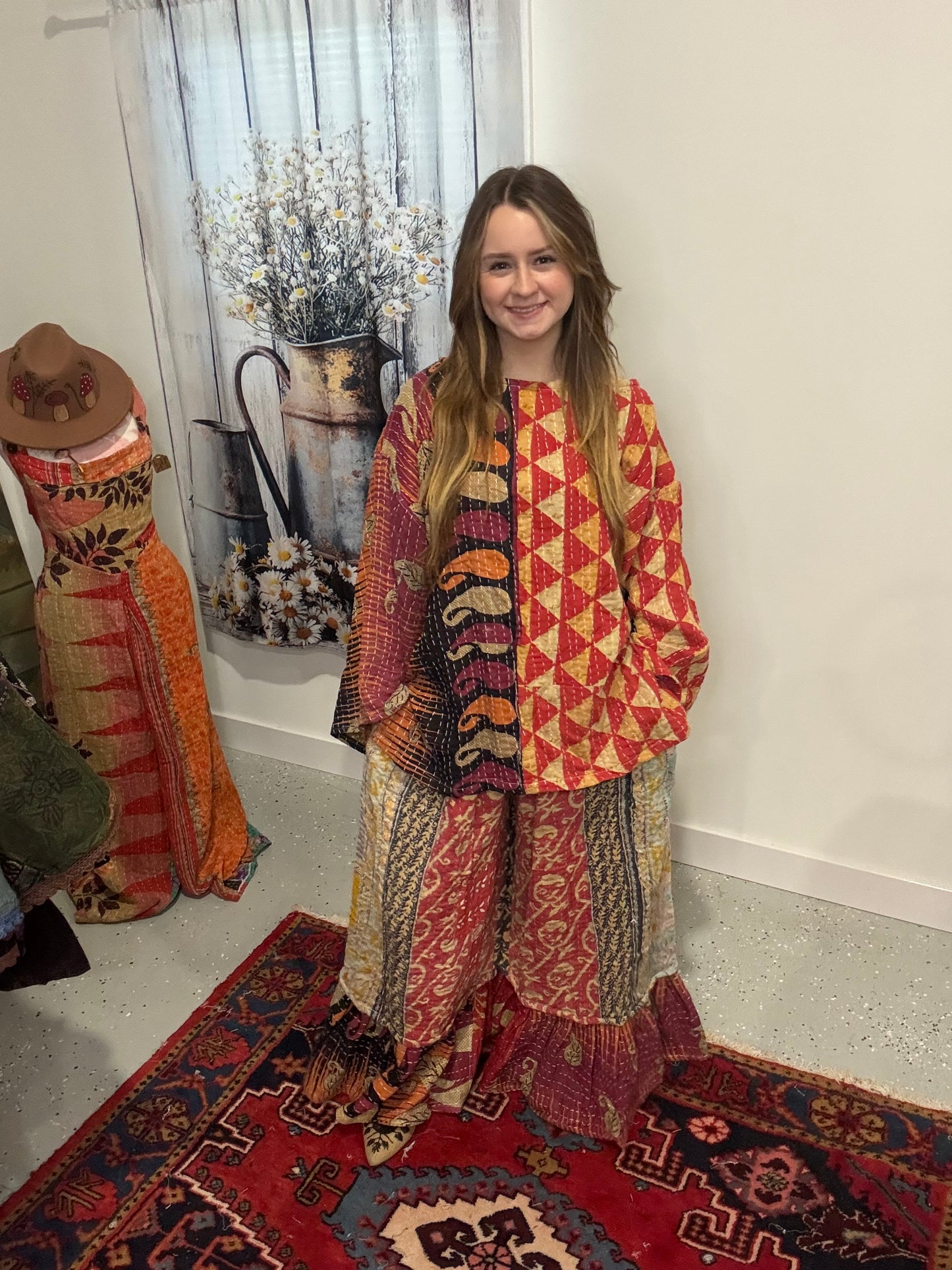 Set of tunic style top with ruffle pants - One Size M to 3X