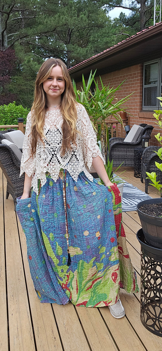 "Peasant" Light Kantha Maxi  Skirt - One Size S to 2X/3X
