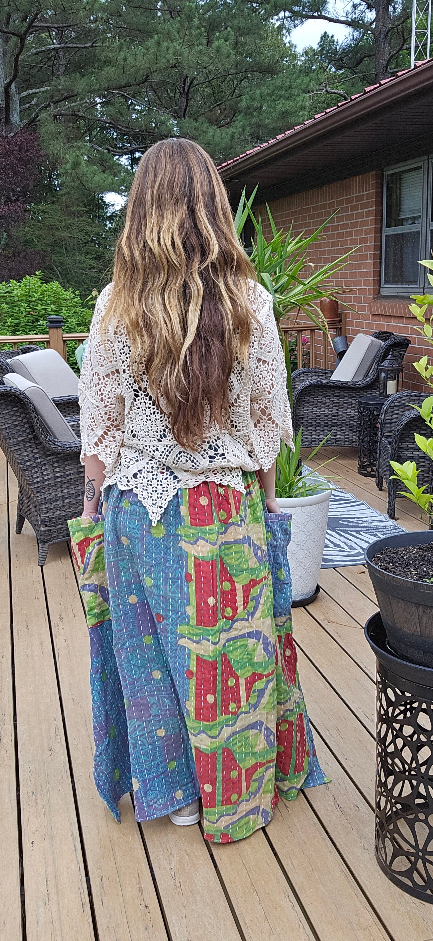 "Peasant" Light Kantha Maxi  Skirt - One Size S to 2X/3X