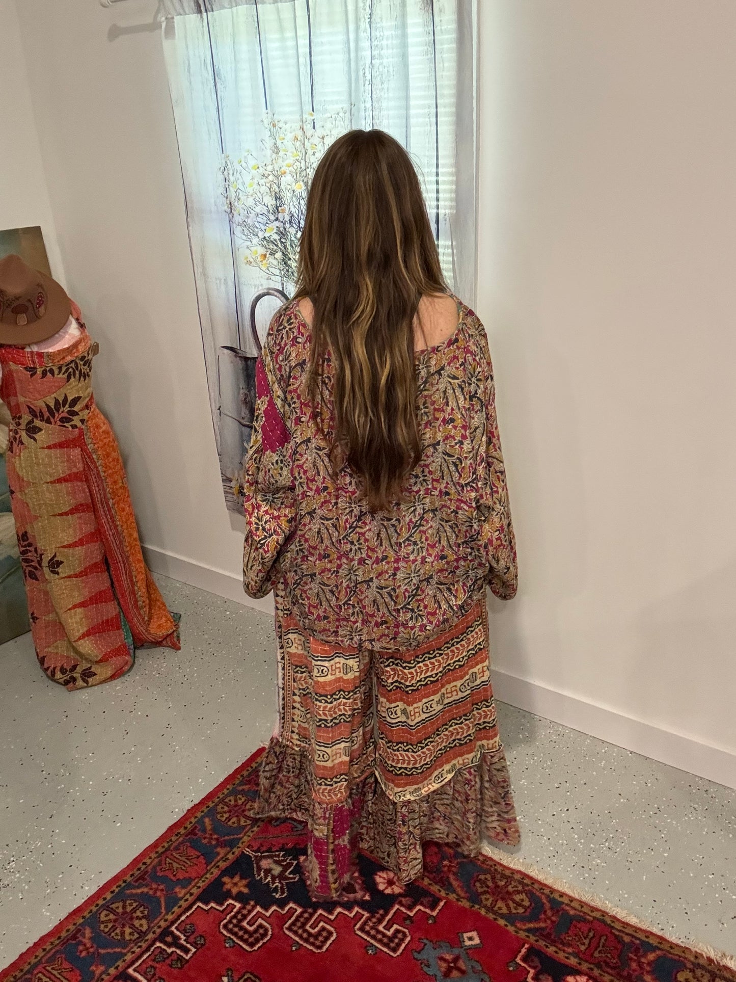 Set of tunic style top with ruffle pants - One Size M to 3X