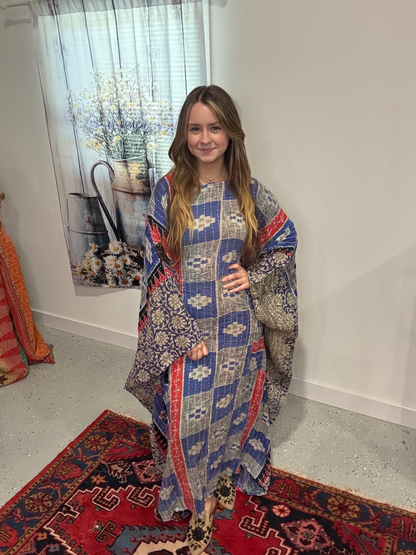 Selene Caftan in light kantha - One size S to 3X /4X