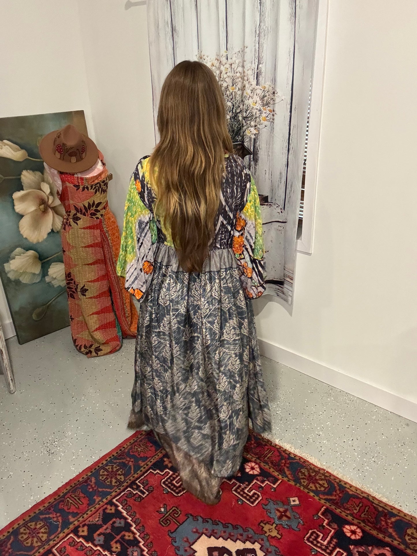 "Moon Light Bloom" Empire Waist Maxi Dress Kantha / Polysilk  - One Size S to 2X