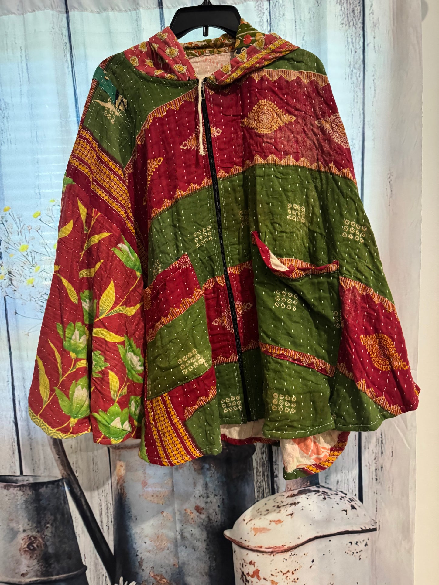 Set of reversable poncho and ruffle palazzo pants in 3 layers kantha - One size S to 3X