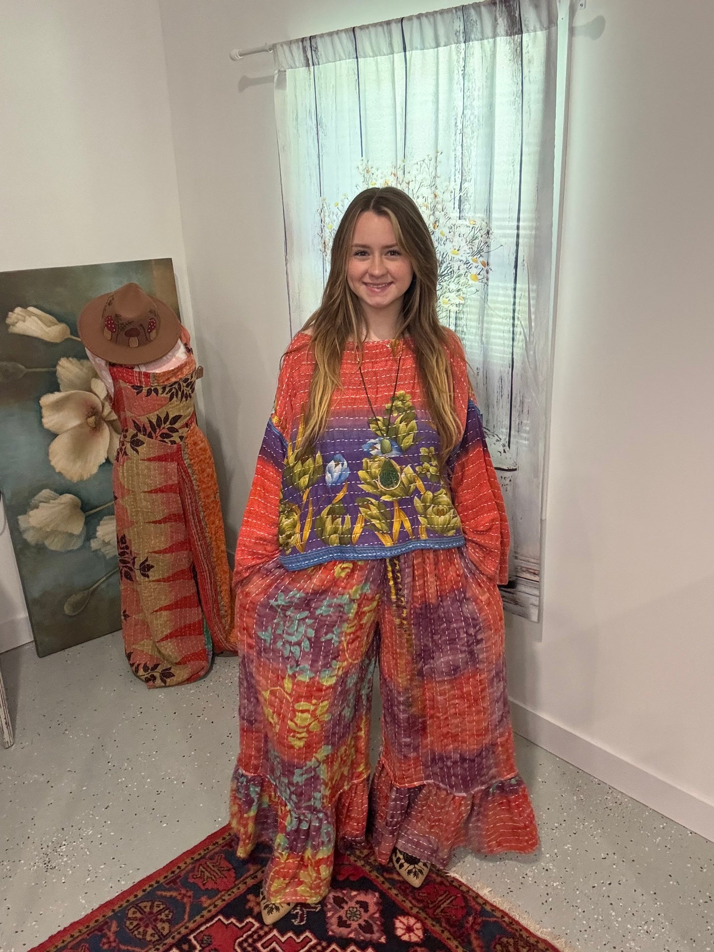 Set of Top and Ruffle pants in 2 layers kantha - One Size S to 3X