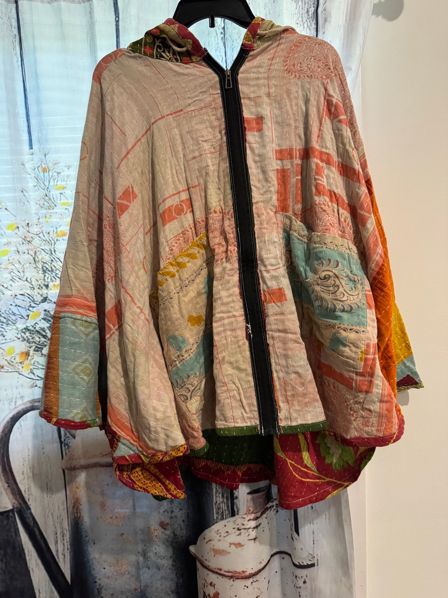 Set of reversable poncho and ruffle palazzo pants in 3 layers kantha - One size S to 3X